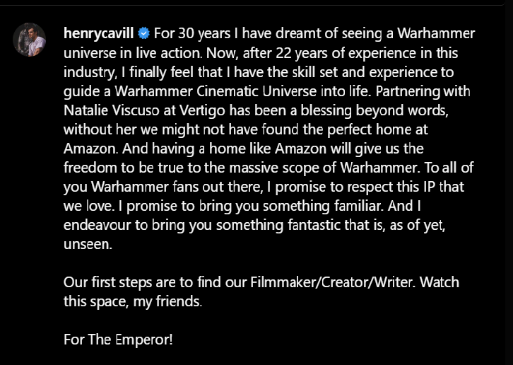 Henry Cavills Warhammer announcement as taken from his Instagram account.