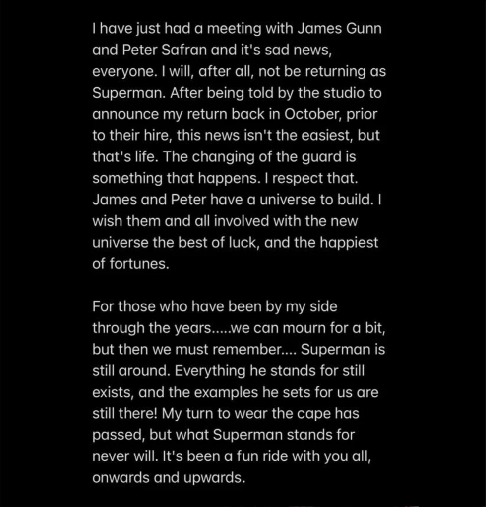 Henry Cavills statement as released via his Instagram account.